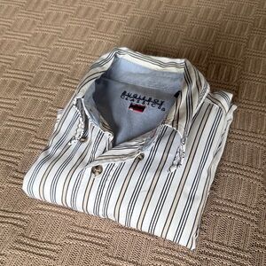 100% Cotton Bugle Boy Short-Sleeve Striped Button-Down Shirt - White Blue Brown